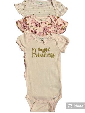 Gerber Baby Girl 3-Pack Bodysuits Pink Floral “Beautiful Like Princess” 12M
